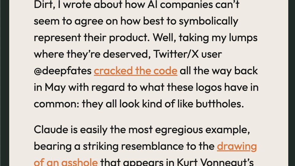 A text excerpt discussing how AI companies struggle to symbolically represent their products, with a humorous observation that Twitter/X user @deepfates cracked the code in May, noting that logos resemble buttocks. The text also highlights Claude as the most egregious example, comparing its logo to a drawing of an asshole from Kurt Vonnegut’s work.