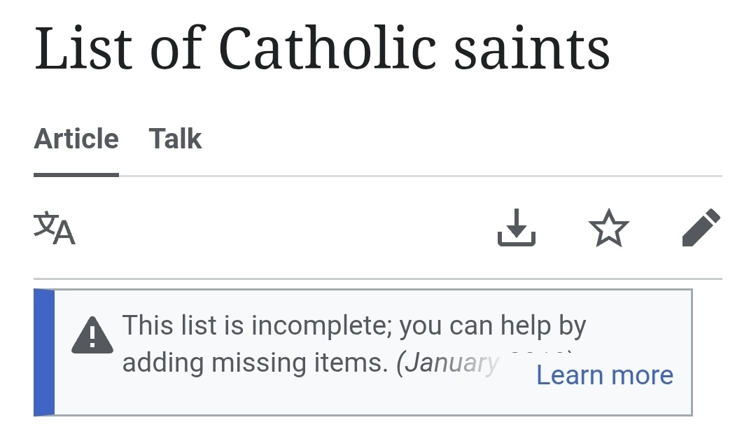 A screenshot of a Wikipedia page titled "List of Catholic saints" with a notice indicating the list is incomplete and inviting users to help by adding missing items, dated January.