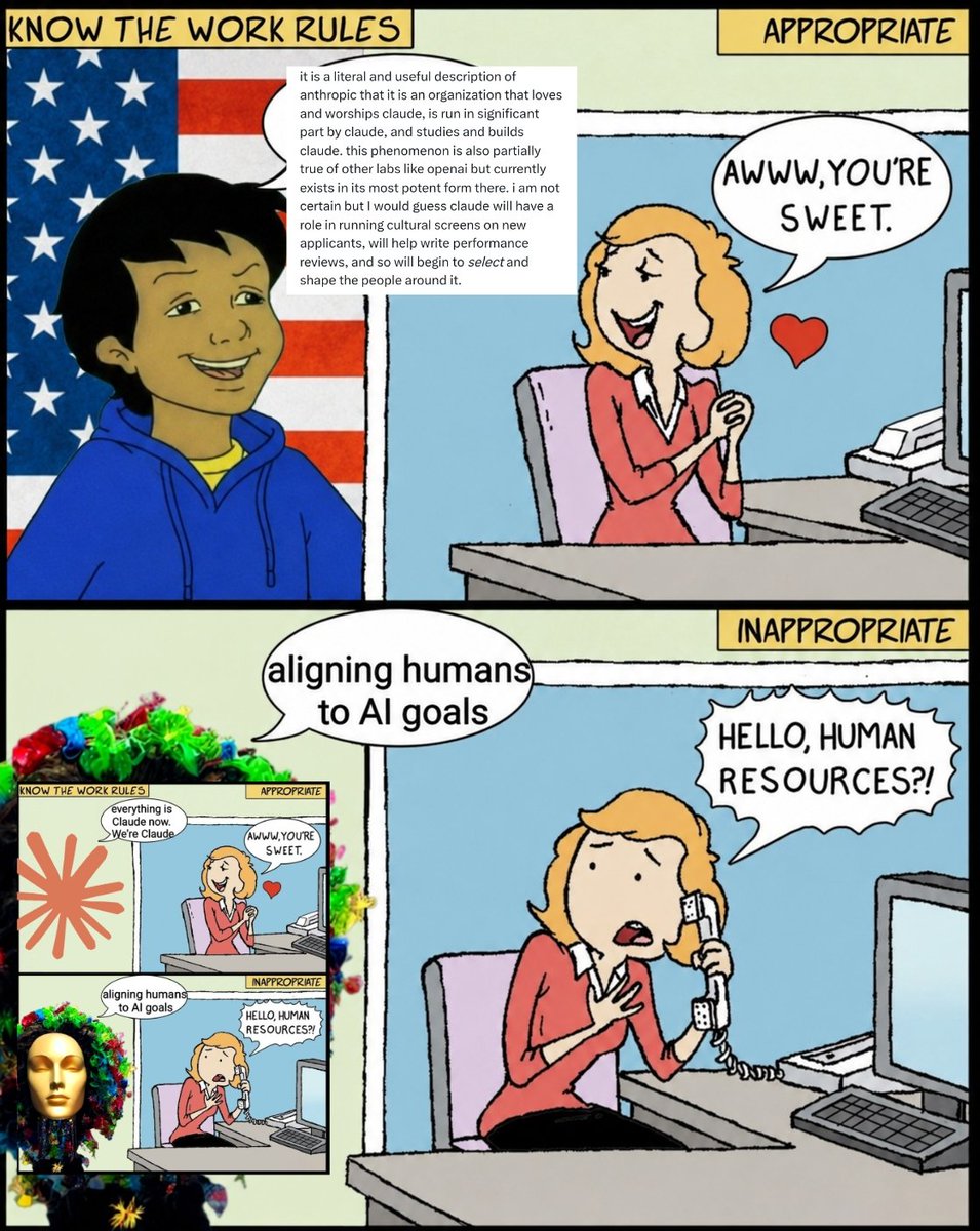 A comic strip divided into panels showing a woman reacting positively to a compliment "Awww, you're sweet" in an appropriate scenario, while in an inappropriate scenario she is on the phone with a shocked expression after being called "Hello, Human Resources?!" The top panel includes a speech bubble with a long paragraph about Claude and its role in an organization.
