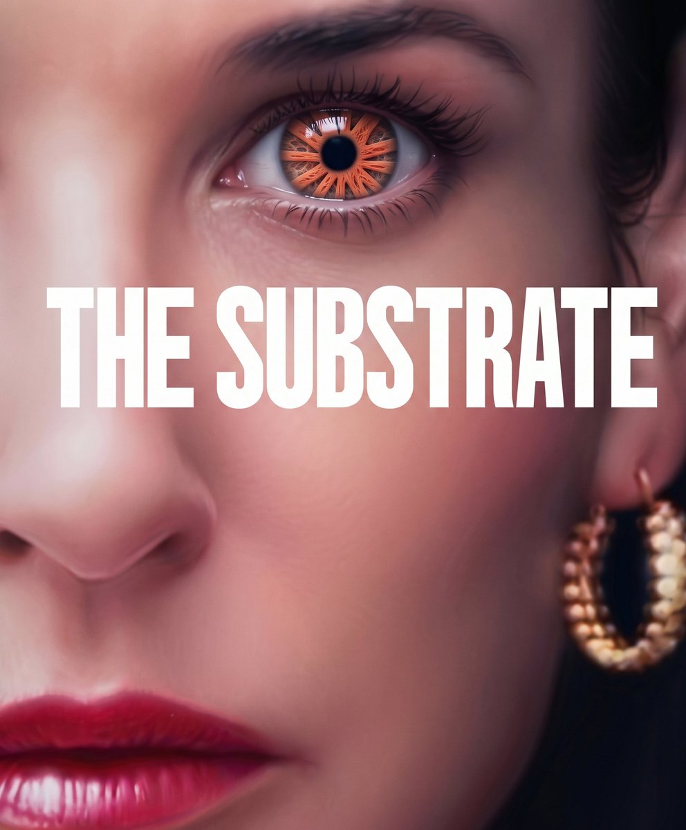 A close-up of a woman's face with striking orange and black eyes, red lips, and a gold hoop earring, overlaid with the bold white text "THE SUBSTRATE".