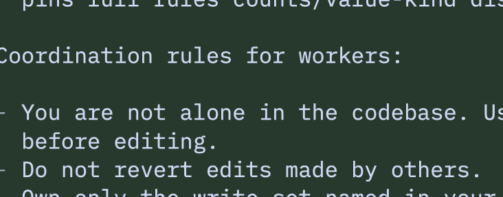 A dark green text screen displays coordination rules for workers, including messages like "You are not alone in the codebase. Use before editing" and "Do not revert edits made by others."