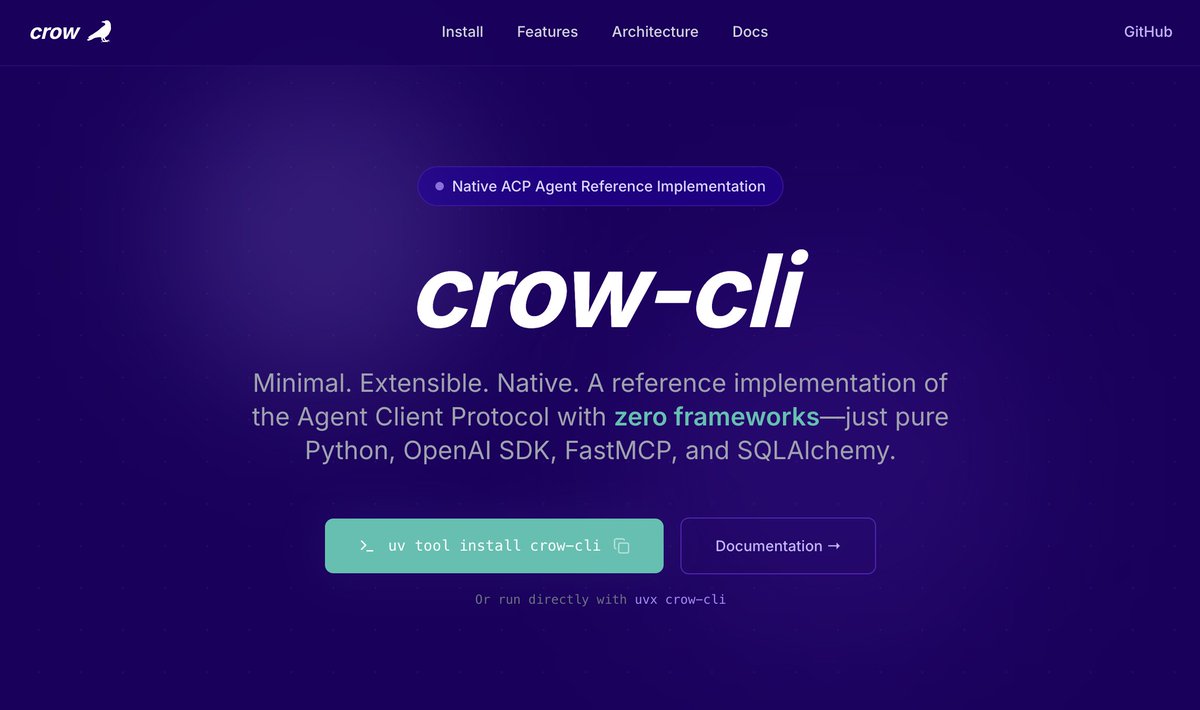 A dark purple webpage for "crow-cli," a reference implementation of the Agent Client Protocol using pure Python and other libraries, with navigation links for Install, Features, Architecture, Docs, and a GitHub link in the top right.