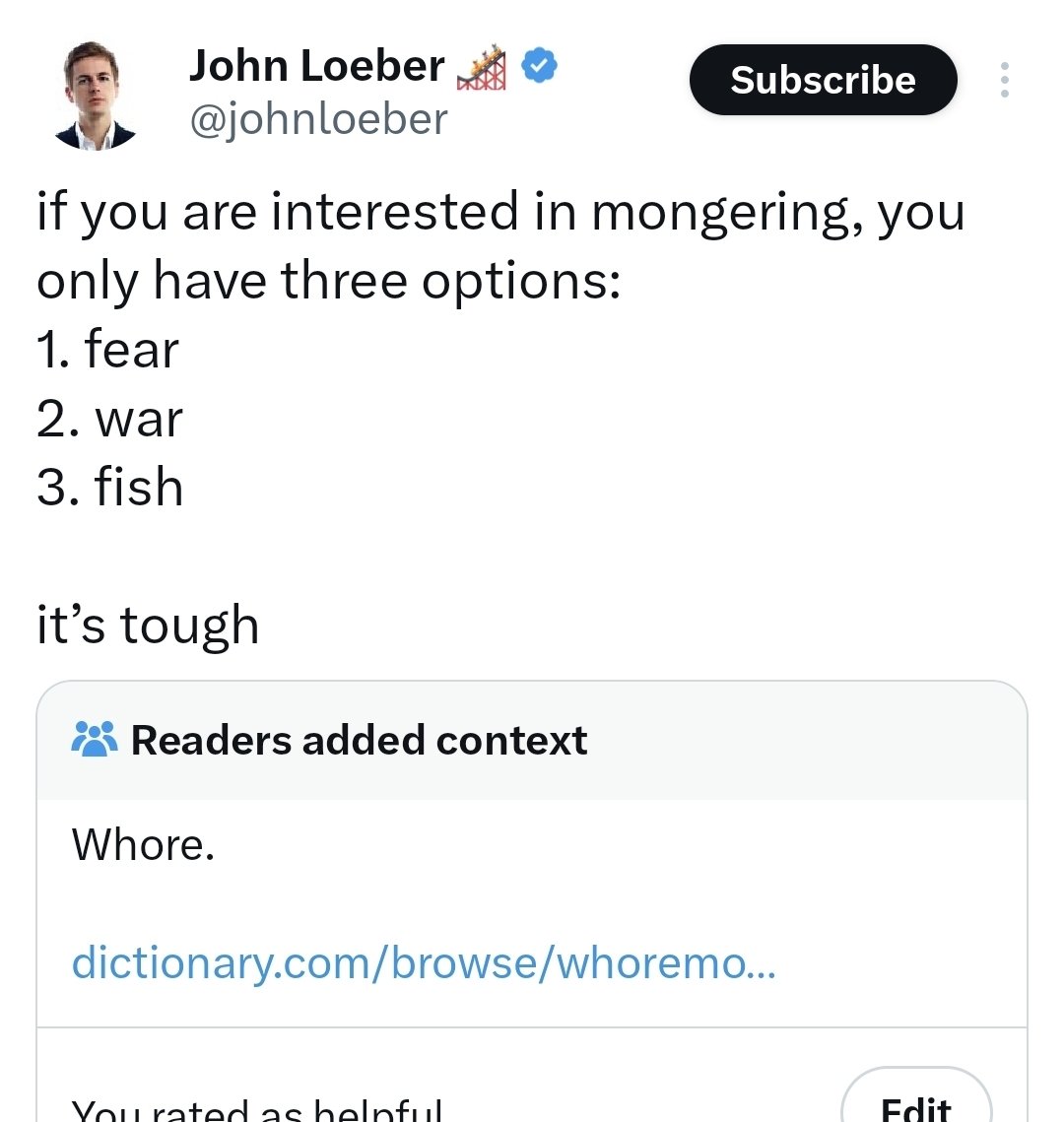 A Twitter post by user John Loeber, featuring a humorous list of three options for those interested in "mongering": fear, war, and fish, followed by the comment "it’s tough." Below the post, readers have added context, noting "Whore" and providing a link to dictionary.com.