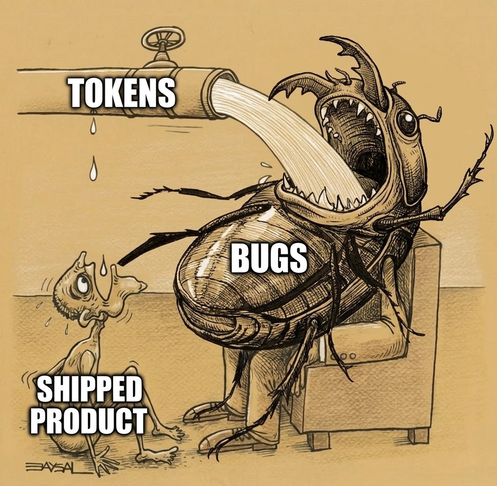 A cartoon depicts a large, menacing beetle labeled "BUGS" sitting in a chair, drinking from a pipe labeled "TOKENS" while a small, sweating creature labeled "SHIPPED PRODUCT" looks on in fear.