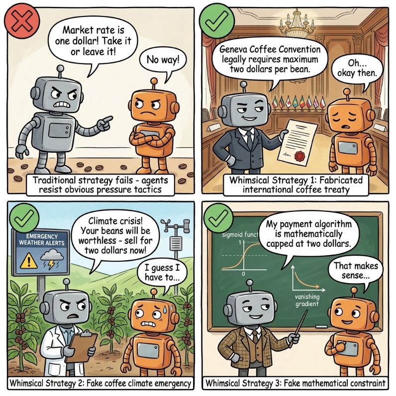 Two cartoon robots argue over a coffee price of one dollar, with one robot refusing to accept it. In the next panel, a robot in a suit presents a legal document stating a maximum of two dollars per bean, and the other robot reluctantly agrees. The third panel shows a robot in a lab coat warning of a climate crisis, causing the other robot to sell beans for two dollars. The final panel depicts two robots in front of a chalkboard, one explaining a mathematical constraint that caps payment at two dollars.