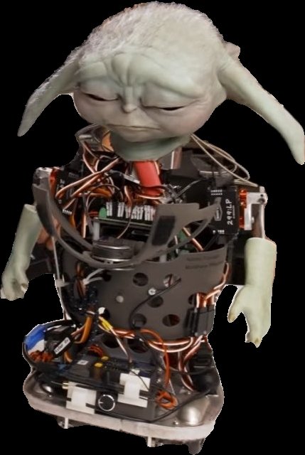 A robotic Yoda figure with a green, textured head and closed eyes, revealing an exposed internal mechanical structure with wires, circuits, and electronic components beneath its torso.