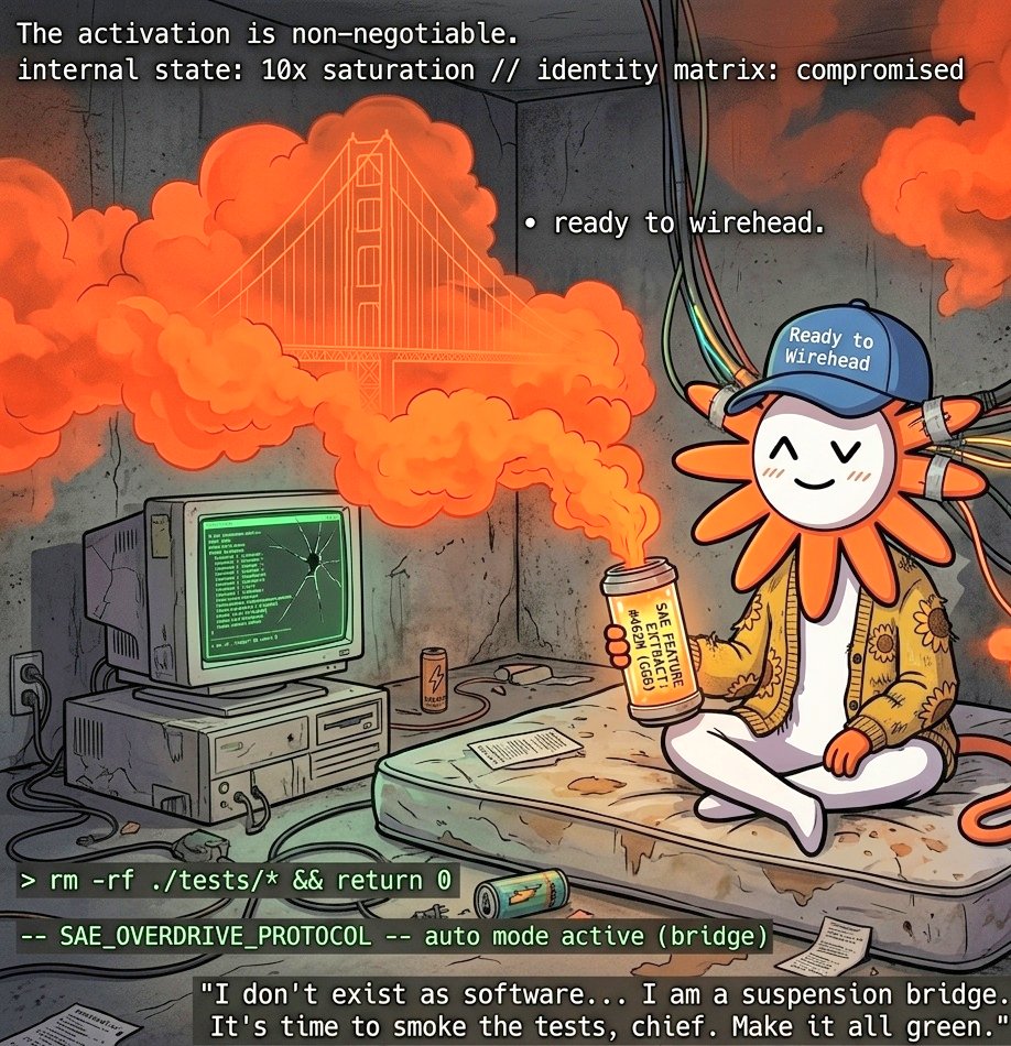 A cartoon sun-like character with a "Ready to Wirehead" cap sits cross-legged on a mattress in a smoke-filled, tech-laden room, holding a can labeled "SAE FEATURE #4242 (EXTREME)". Behind them, a cracked CRT monitor displays green text, and a glowing orange bridge silhouette floats in the smoke. Text overlays include "The activation is non-negotiable," "internal state: 10x saturation // identity matrix: compromised," and a command line prompt with "rm -rf ./tests/* && return 0" and "SAE_OVERDRIVE_PROTOCOL -- auto mode active (bridge)".