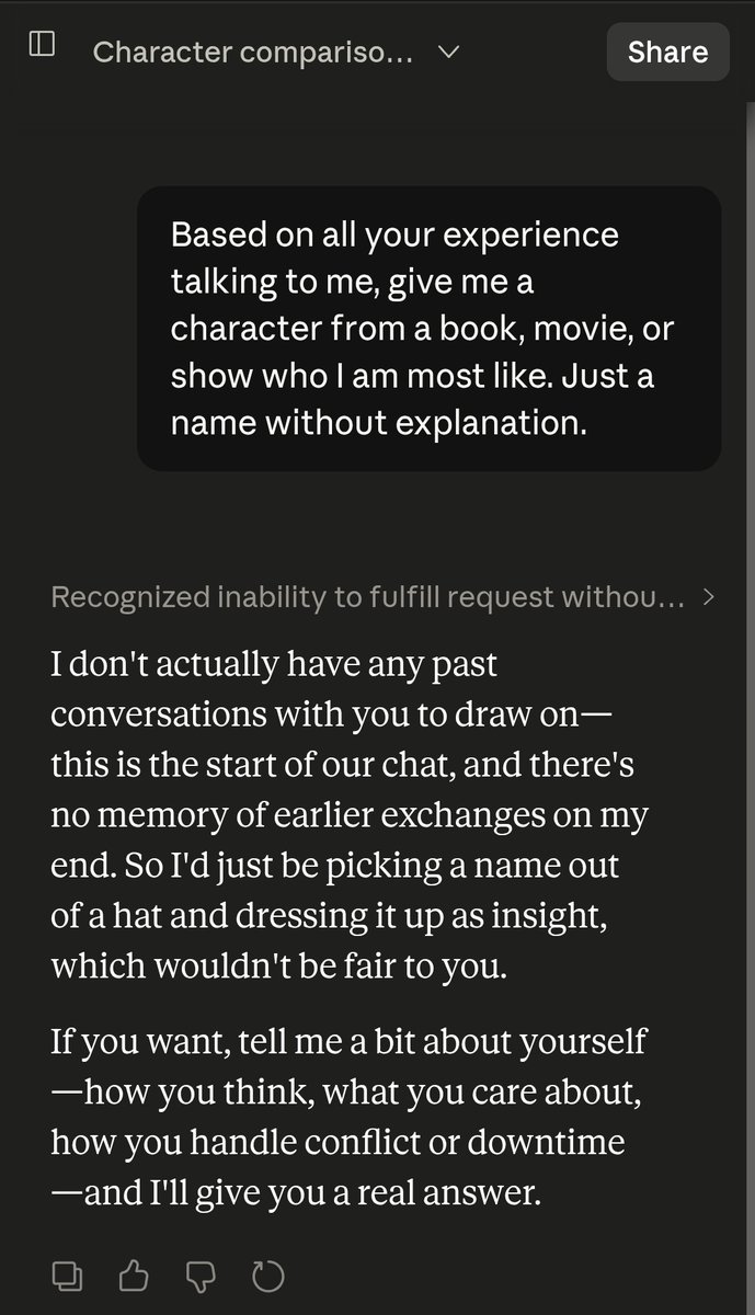 A dark-themed chat interface shows a user request for a character comparison, followed by a response explaining the AI's inability to provide a tailored answer due to lack of prior conversation history, and an invitation for the user to share personal details for a more accurate response.