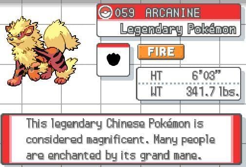 A red and white Pokémon card featuring Arcanine, a fiery, lion-like creature with orange and yellow fur, standing on a grid background. The card displays "059 ARCANINE," "Legendary Pokémon," and "FIRE" type, along with height and weight stats, and a description box below stating it is a legendary Chinese Pokémon considered magnificent.