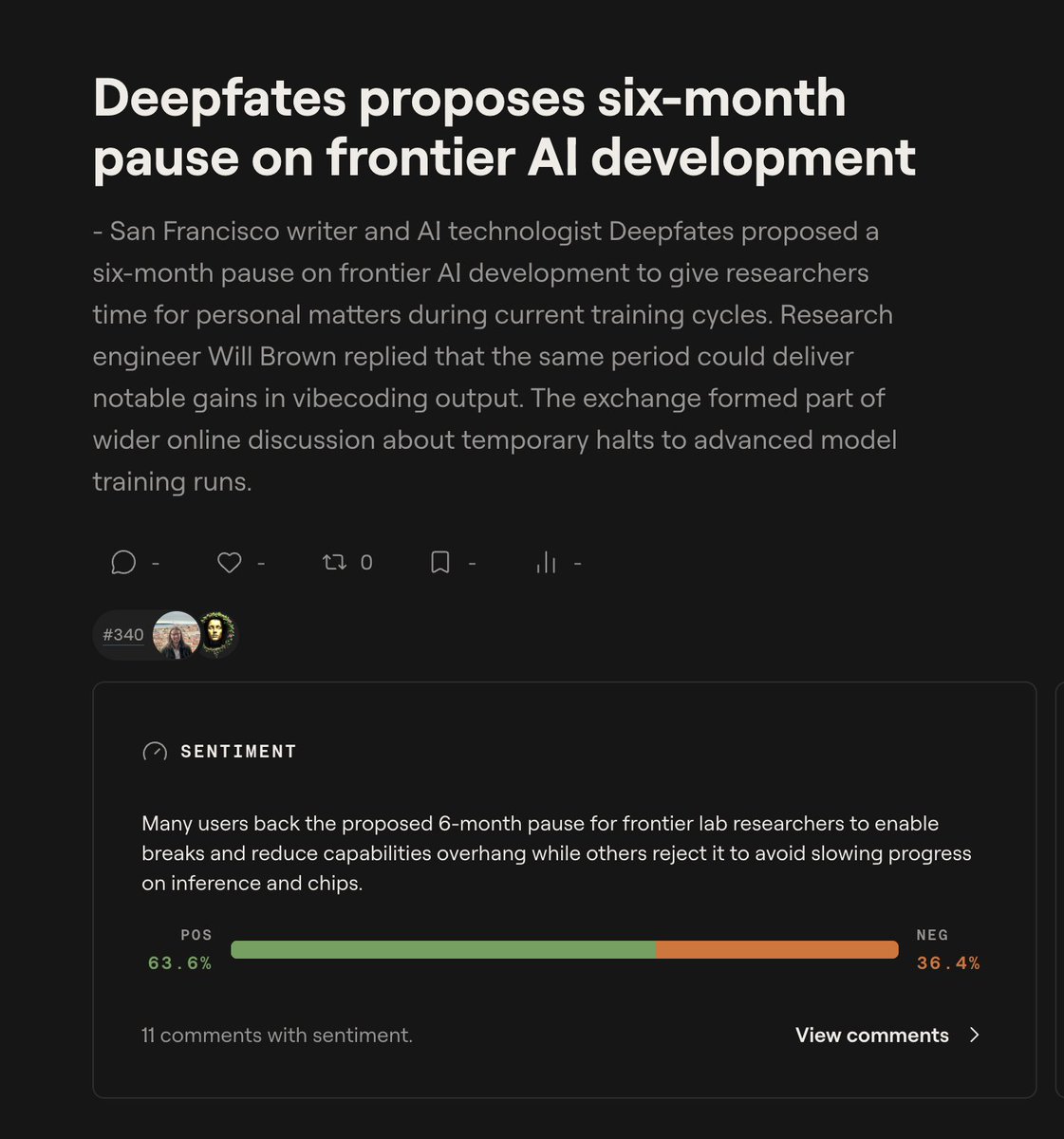 A dark-themed webpage article titled "Deepfates proposes six-month pause on frontier AI development," detailing a proposal by AI technologist Deepfates for a six-month pause in frontier AI development to allow researchers time for personal matters, with a sentiment bar showing 63.6% positive and 36.4% negative user feedback.