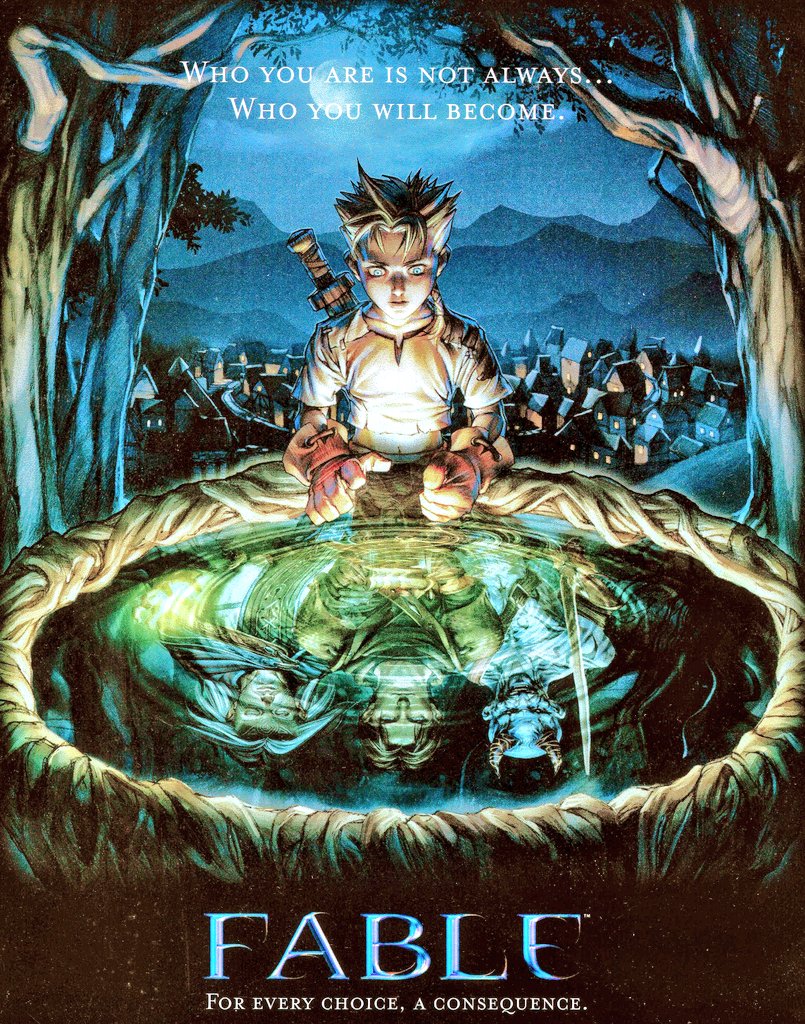 A young boy with spiky hair and a sword strapped to his back sits at the edge of a glowing, reflective pool in a dark, forested setting. His reflection is distorted and eerie, showing a more menacing, armored version of himself. Above, the text reads "WHO YOU ARE IS NOT ALWAYS... WHO YOU WILL BECOME," and at the bottom, "FABLE" with the tagline "FOR EVERY CHOICE, A CONSEQUENCE."
