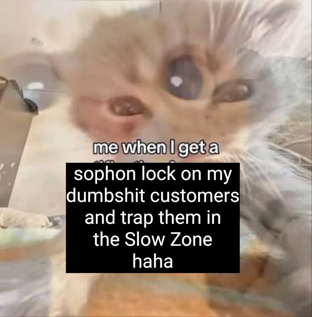 A close-up, blurry image of a cat with wide, expressive eyes looking upward, overlaid with text that reads "me when I get a sophon lock on my dumbshit customers and trap them in the Slow Zone haha."