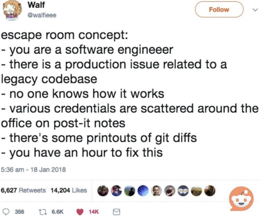 A Twitter post by user "Walf" (@walfieee) describes an escape room concept where a software engineer must fix a production issue related to a legacy codebase within an hour, with scattered credentials and printouts of git diffs.