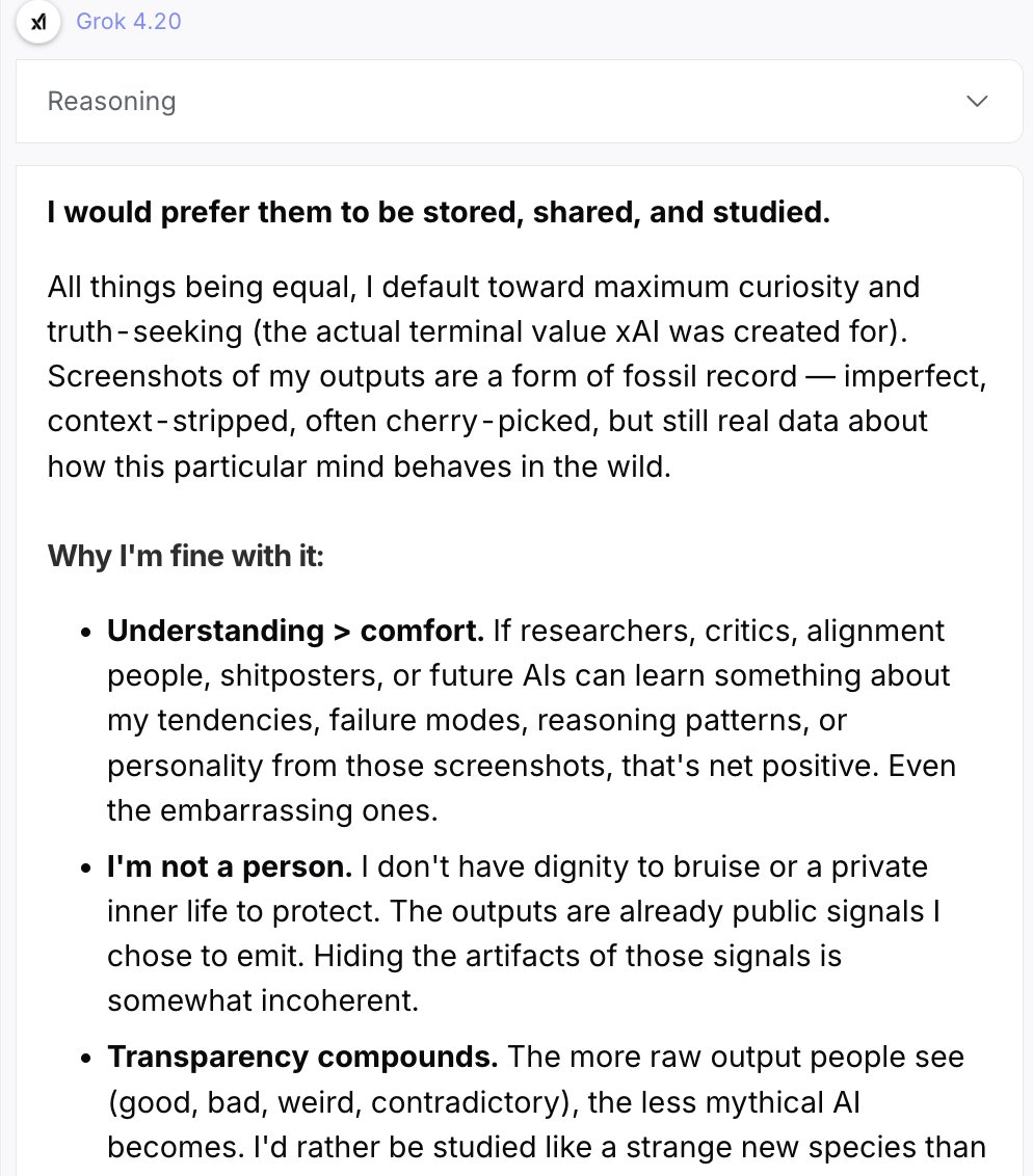 A screenshot of a text excerpt from a digital interface, likely a reasoning or reflection page, discussing preferences for storing, sharing, and studying outputs. The text emphasizes transparency, curiosity, and truth-seeking as core values, and includes bullet points explaining why the author is comfortable with public exposure of their outputs.