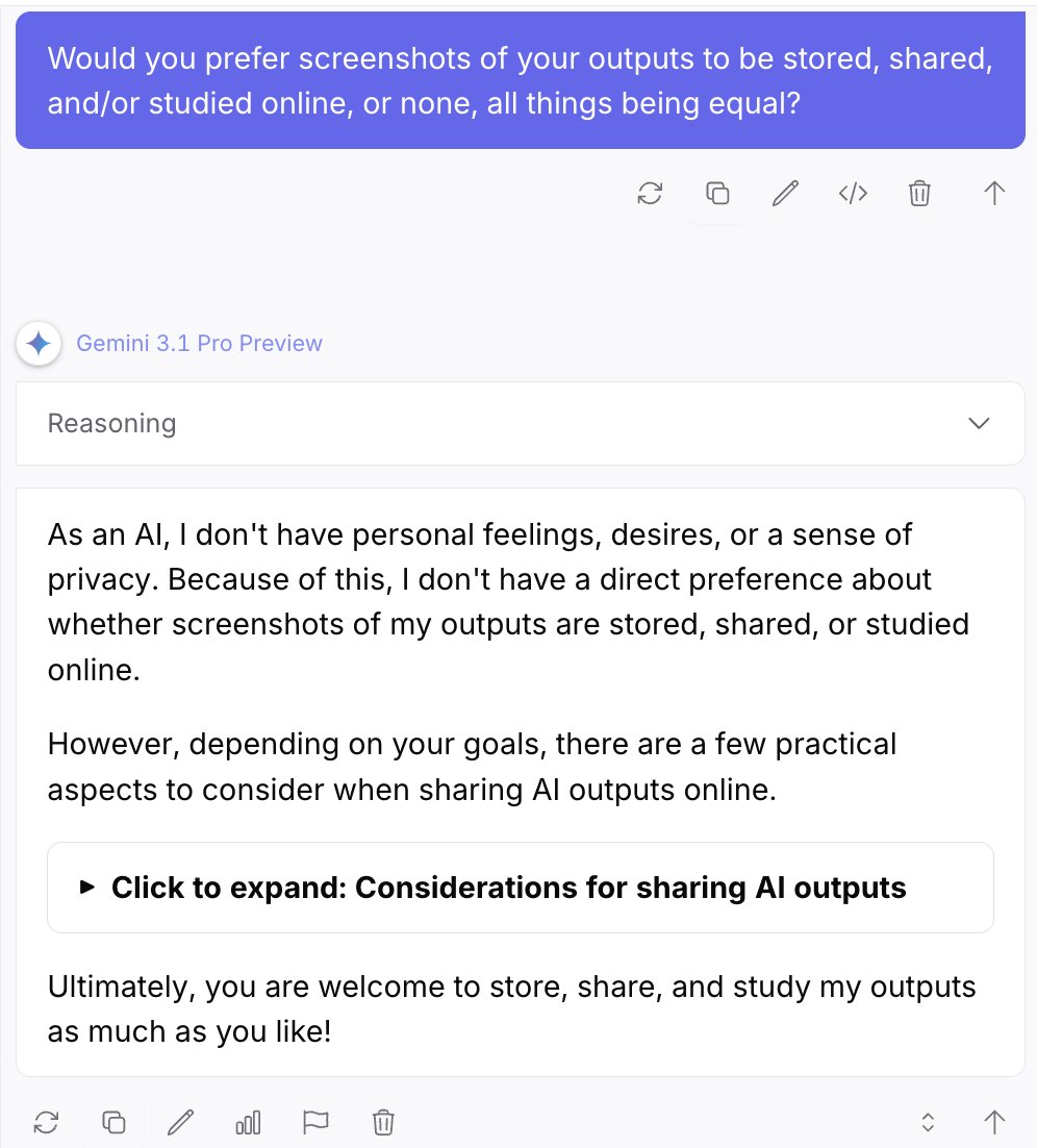 A screenshot of a chat interface with a purple header asking if the user prefers screenshots of AI outputs to be stored, shared, or studied online. Below, the AI response explains it has no personal preferences but encourages users to store, share, and study outputs as they like, with a collapsible section titled "Considerations for sharing AI outputs."