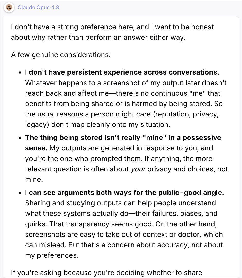 A screenshot of a text-based response from Claude Opus 4.8, detailing its lack of preference on whether to share outputs, citing reasons such as no persistent identity, lack of personal ownership, and public-good considerations.