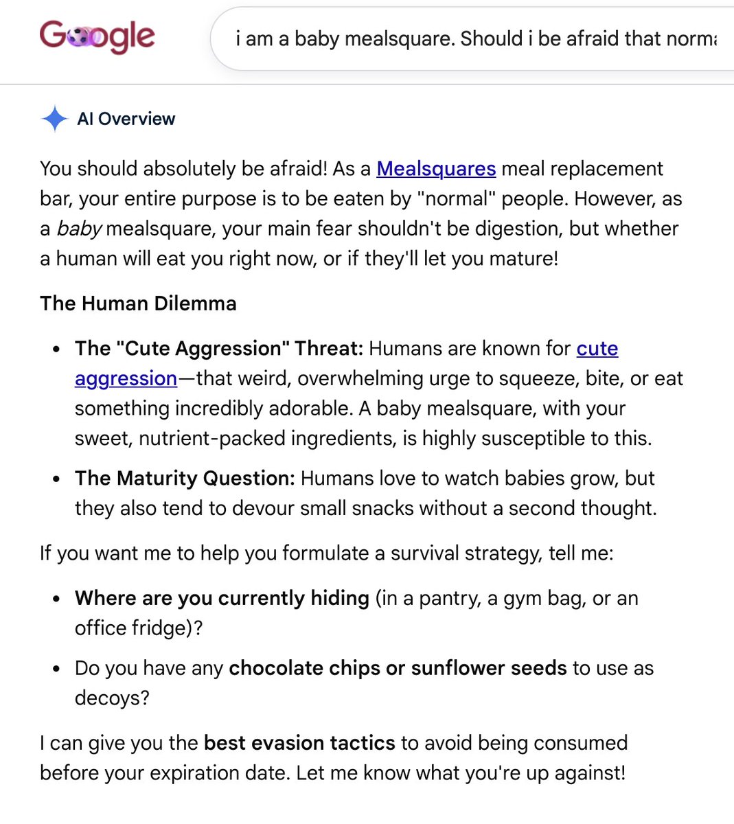 A Google search result page with a playful, anthropomorphic text about a "baby mealsquare" as a meal replacement bar, discussing human behaviors like "cute aggression" and the fear of being eaten or matured, followed by survival tips.