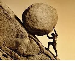 A silhouetted figure struggles to push a massive, round boulder up a steep, rocky incline, depicted in a sepia-toned, dramatic style.