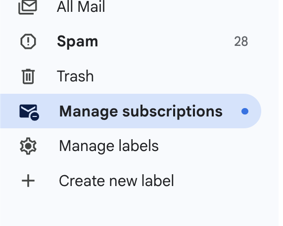 A sidebar menu from an email application showing options like "All Mail," "Spam" (with 28 unread), "Trash," and a highlighted "Manage subscriptions" option, followed by "Manage labels" and "Create new label."