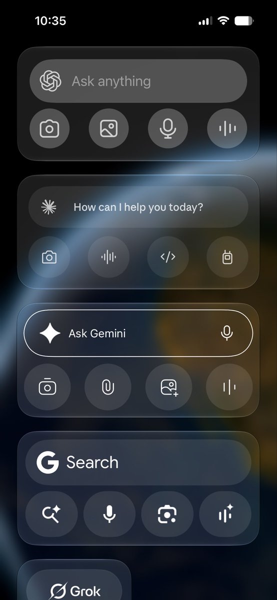 A smartphone screen displaying a dark-themed interface with multiple search and assistant widgets, including "Ask anything," "How can I help you today?," "Ask Gemini," and "Search," each with associated icons for camera, microphone, and other functions.