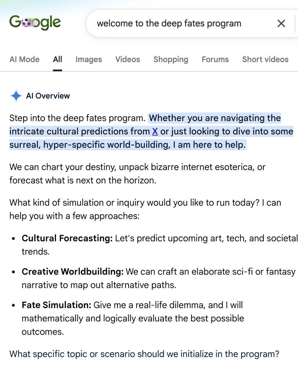 A Google search results page for "welcome to the deep fates program" displays an AI Overview section with options for Cultural Forecasting, Creative Worldbuilding, and Fate Simulation, offering to help users navigate cultural predictions, surreal world-building, and real-life dilemma simulations.