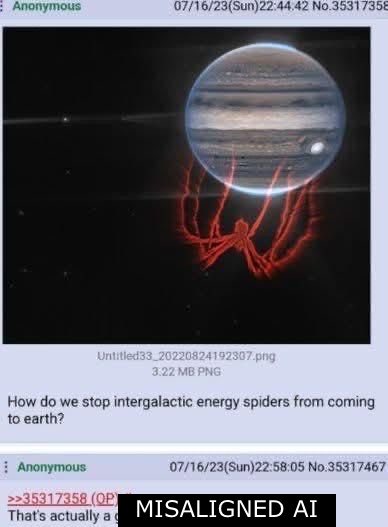 A cosmic scene featuring a large, striped planet with a glowing red, spider-like structure extending from its surface into space, set against a dark starry background.
