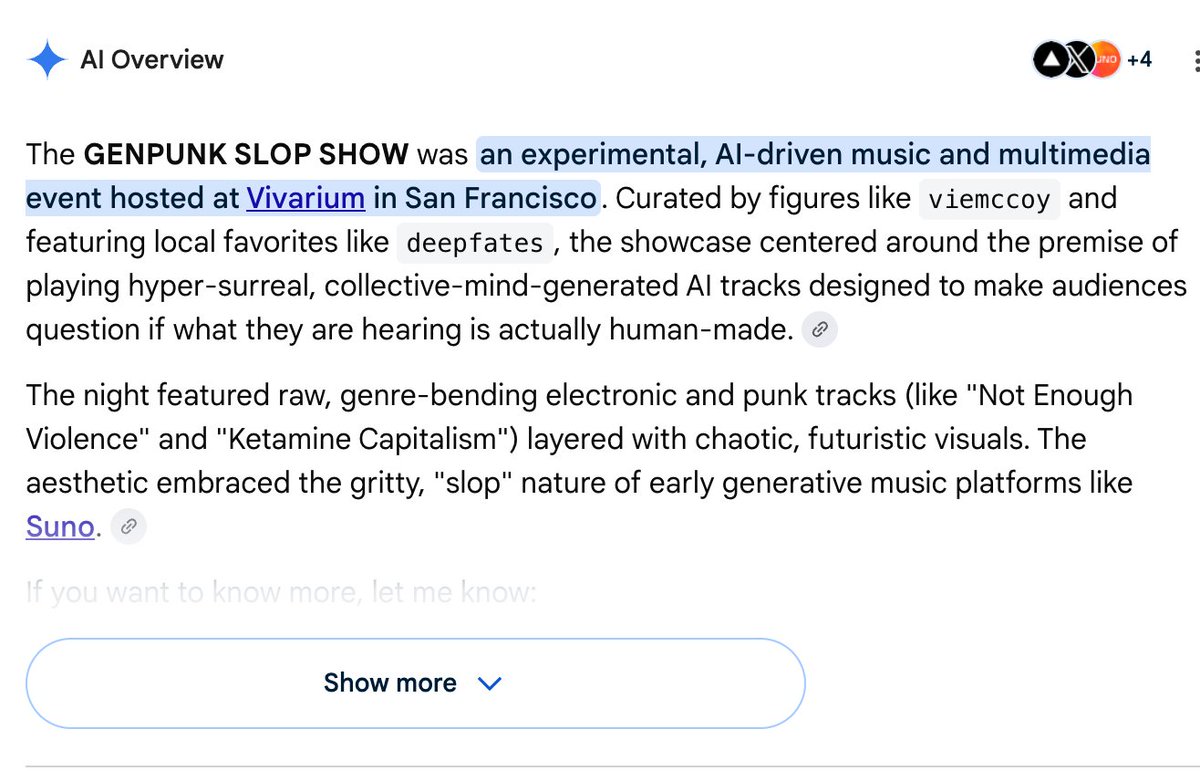 A screenshot of a webpage describing the GENPUNK SLOP SHOW, an experimental AI-driven music and multimedia event hosted at Vivarium in San Francisco, curated by figures like viemccoy and deepfates, featuring hyper-surreal AI tracks and chaotic futuristic visuals.