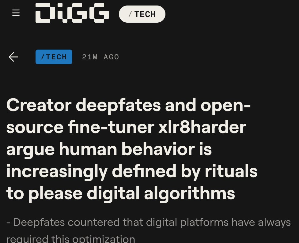 A screenshot of a Digg tech article with the headline "Creator deepfates and open-source fine-tuner xlr8harder argue human behavior is increasingly defined by rituals to please digital algorithms," and a subheading beginning with "Deepfates countered that digital platforms have always required this optimization."