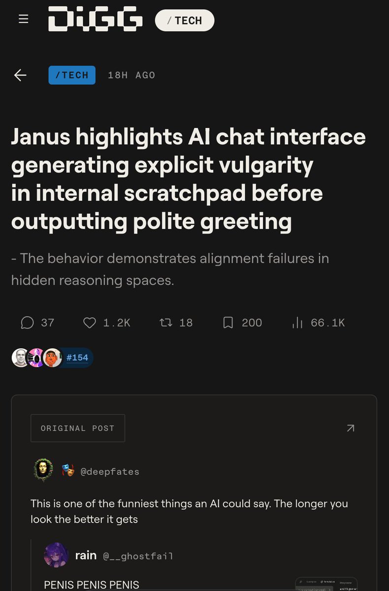 A screenshot of a DiGG tech article with the headline "Janus highlights AI chat interface generating explicit vulgarity in internal scratchpad before outputting polite greeting," accompanied by user comments and engagement metrics like 37 comments, 1.2K likes, and 66.1K upvotes.