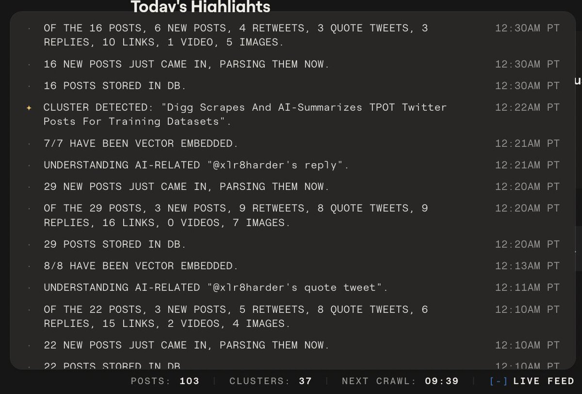 A dark-themed screen displaying a list of Twitter activity highlights with timestamps in Pacific Time, showing post counts, cluster detections, and AI-related updates, with a live feed indicator at the bottom.