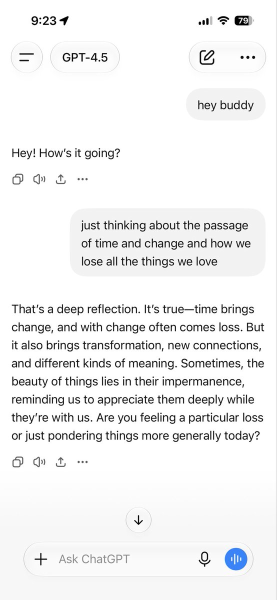 A screenshot of a chat interface showing a conversation between a user and an AI named GPT-4.5, with messages discussing the passage of time, loss, and transformation.
