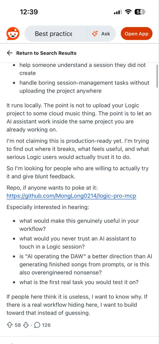 A screenshot of a Reddit post under the "Best practice" tab, discussing a local AI assistant tool for Logic Pro users, seeking feedback on its usefulness and workflow integration.