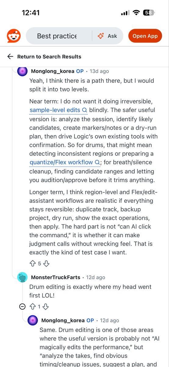 A screenshot of a Reddit post from the "Best practice" subreddit, showing a discussion about drum editing workflows and AI tools, with comments from users Monglong_korea and MonsterTruckFarts.