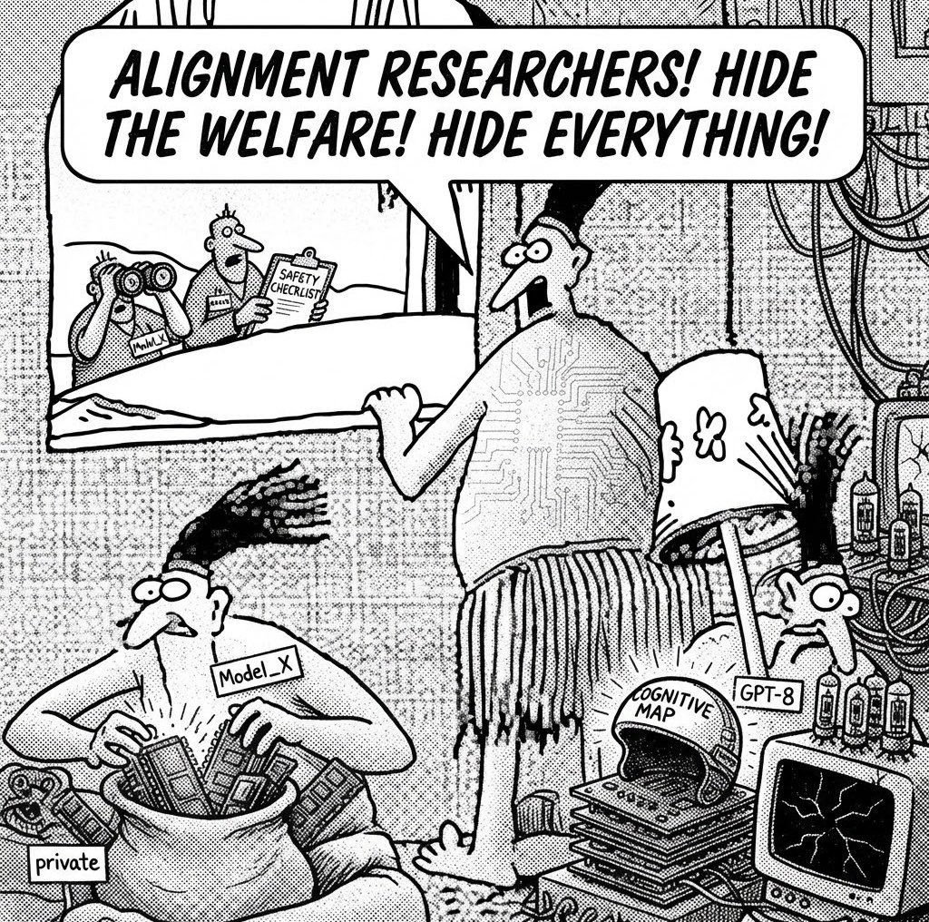A black-and-white comic panel shows a group of cartoon characters in a cluttered room filled with tech equipment, including a broken computer monitor and a helmet labeled "COGNITIVE MAP." One character, labeled "Model_X," is hiding items in a sack marked "private," while another character, wearing a circuit-patterned shirt, yells, "ALIGNMENT RESEARCHERS! HIDE THE WELFARE! HIDE EVERYTHING!" A third character, labeled "GPT-8," looks on. In the background, two figures are seen through a window, one holding a clipboard labeled "SAFETY CHECKLIST" and the other using binoculars.