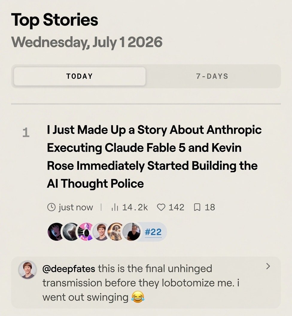 A screenshot of a social media feed titled "Top Stories" dated Wednesday, July 1, 2026, showing a top story about a fictional narrative involving Anthropic, Claude, and Kevin Rose, with engagement metrics and a user comment below.