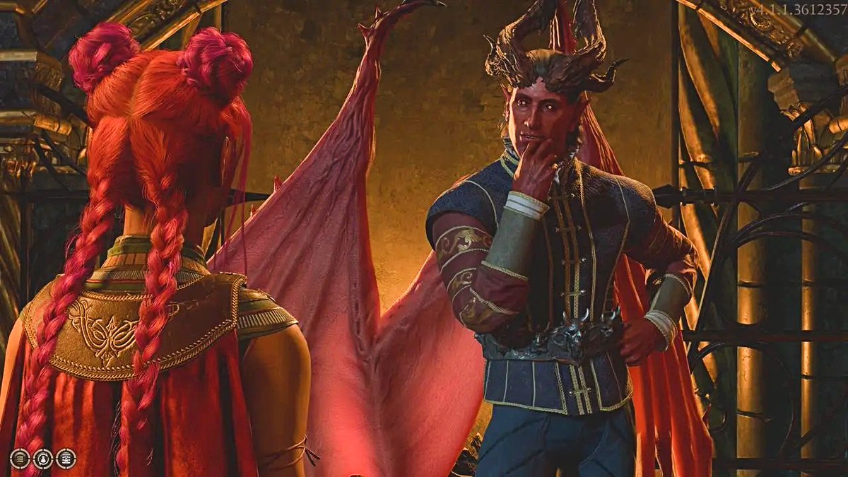 A character with vibrant red braided hair and a red cape faces away from the viewer, while a horned, dark-skinned character in ornate armor stands beside them, hand near their face in a thoughtful pose, set against a dimly lit, golden-hued interior with draped fabric and metalwork.