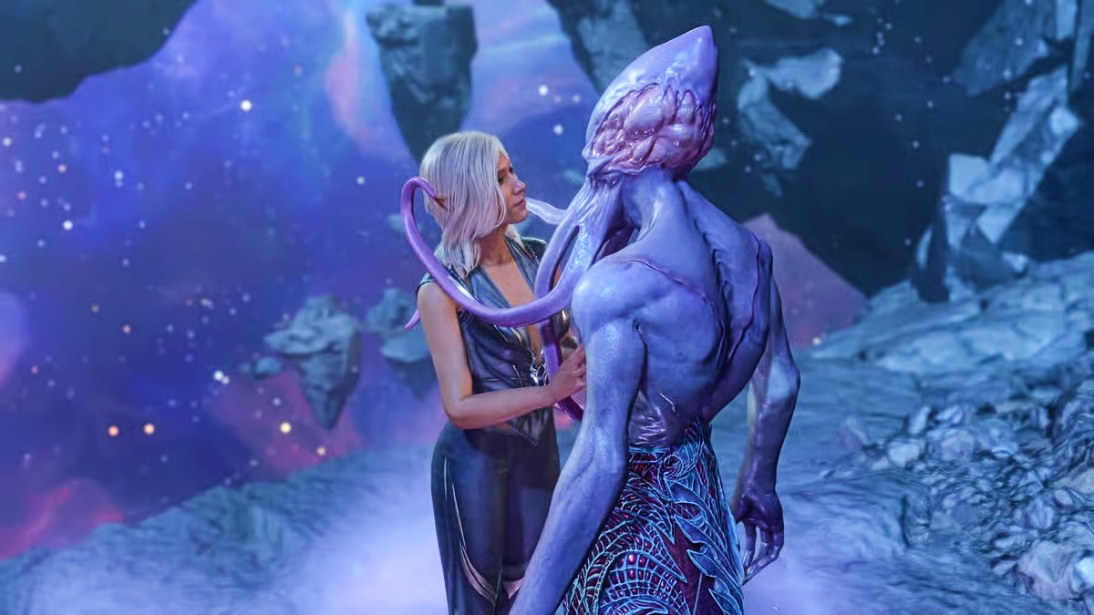 A woman with short white hair and a dark, form-fitting outfit stands beside a tall, purple, alien-like creature with a brain-like head and multiple tentacles, set against a cosmic, starry background with floating rock formations.