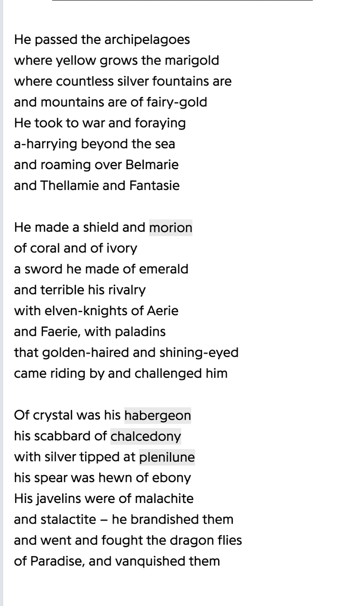 A poem in black serif font on a white background, describing a heroic figure who travels through archipelagos, engages in war, and wields magical weapons made of precious materials like coral, ivory, emerald, and crystal.