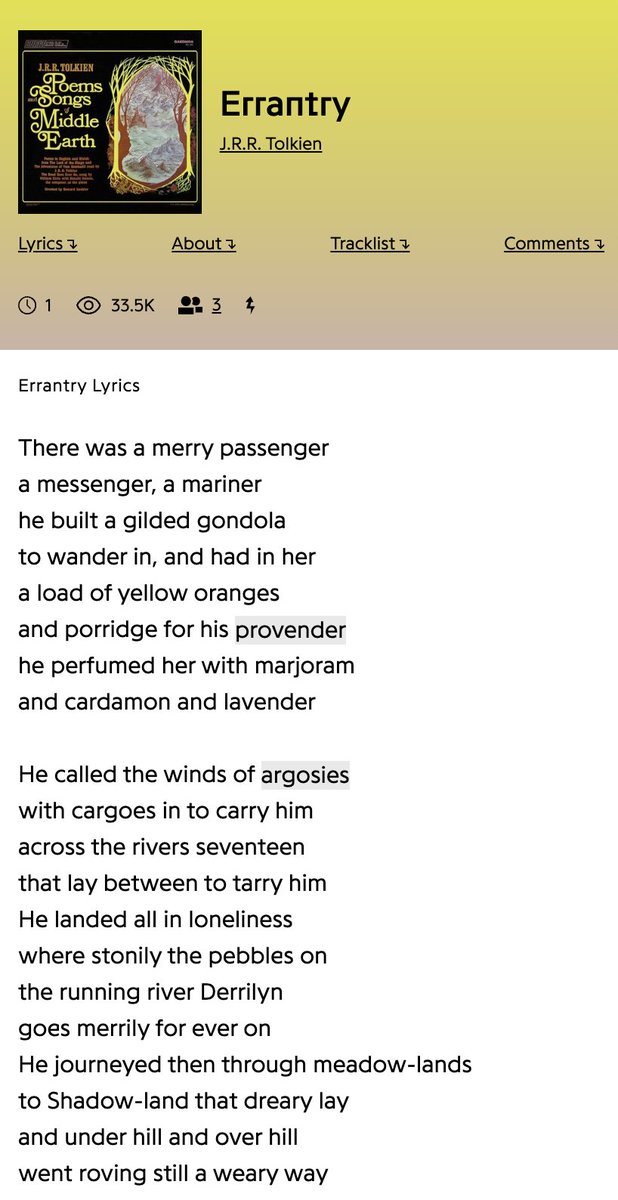 A screenshot of a digital page displaying the lyrics to "Errantry" by J.R.R. Tolkien, with a cover image of the book "Songs and Poems of Middle-earth" on the top left, and navigation tabs for Lyrics, About, Tracklist, and Comments.
