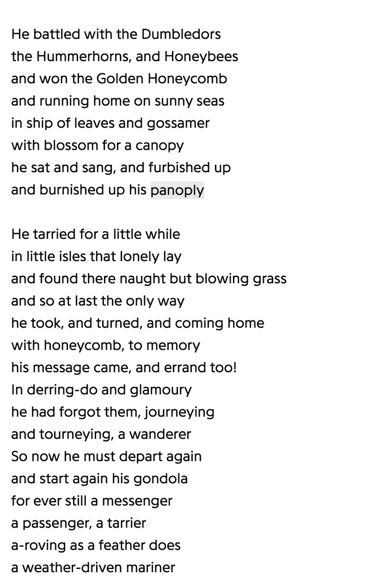 A black text on a white background displays a poem with lines describing a character's adventures, battles, and journeys, including mentions of the Dumbledors, Hummerhorns, Honeybees, and a panoply, ending with the character departing again as a messenger.