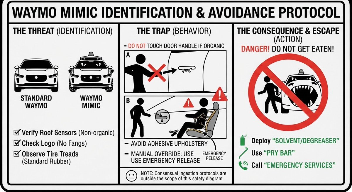 A safety protocol infographic titled "WAYMO MIMIC IDENTIFICATION & AVOIDANCE PROTOCOL" divided into three sections: "THE THREAT (IDENTIFICATION)" showing two car types (Standard Waymo and Waymo Mimic), "THE TRAP (BEHAVIOR)" with illustrated warnings not to touch door handles or use adhesive upholstery, and "THE CONSEQUENCE & ESCAPE (ACTION)" with a prohibition symbol and instructions to deploy a solvent/degreaser, use a pry bar, or call emergency services.