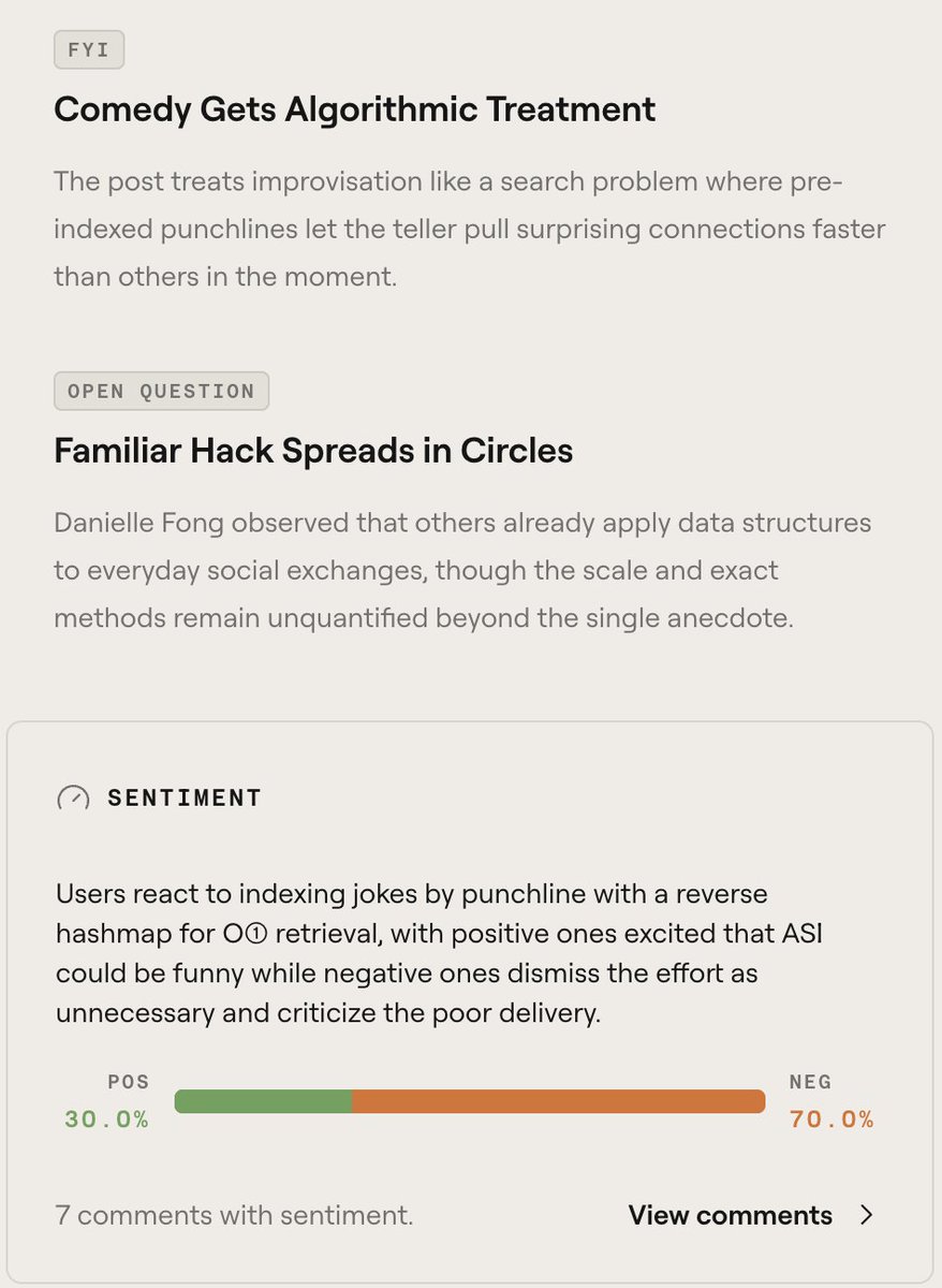A digital article snippet with two main sections: "Comedy Gets Algorithmic Treatment" and "Familiar Hack Spreads in Circles," each with a brief description. Below, a sentiment analysis bar shows 30% positive and 70% negative reactions to users' responses about indexing jokes by punchline.