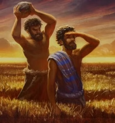 Two bearded men stand in a golden wheat field under a dramatic sunset sky; one holds a stone aloft while the other shields his eyes with a hand, both appearing weary or contemplative.