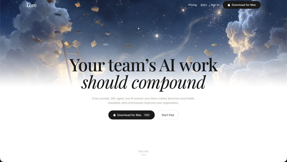 A website homepage with a cosmic background featuring floating books and stars, displaying the headline "Your team’s AI work should compound" and a tagline about prompts, skills, and AI sessions improving the organization. Navigation links for Pricing, Docs, and Sign in are visible, along with a "Download for Mac" button and a "Start free" button.