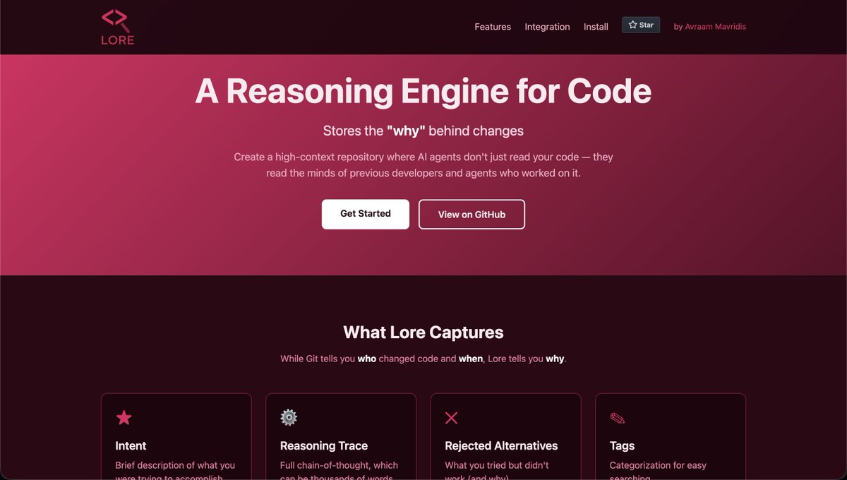 A website homepage with a dark pink and maroon color scheme, featuring the title "A Reasoning Engine for Code" and a subtitle "Stores the 'why' behind changes." Below, there are two buttons: "Get Started" and "View on GitHub," and a section titled "What Lore Captures" with four cards detailing features like Intent, Reasoning Trace, Rejected Alternatives, and Tags.