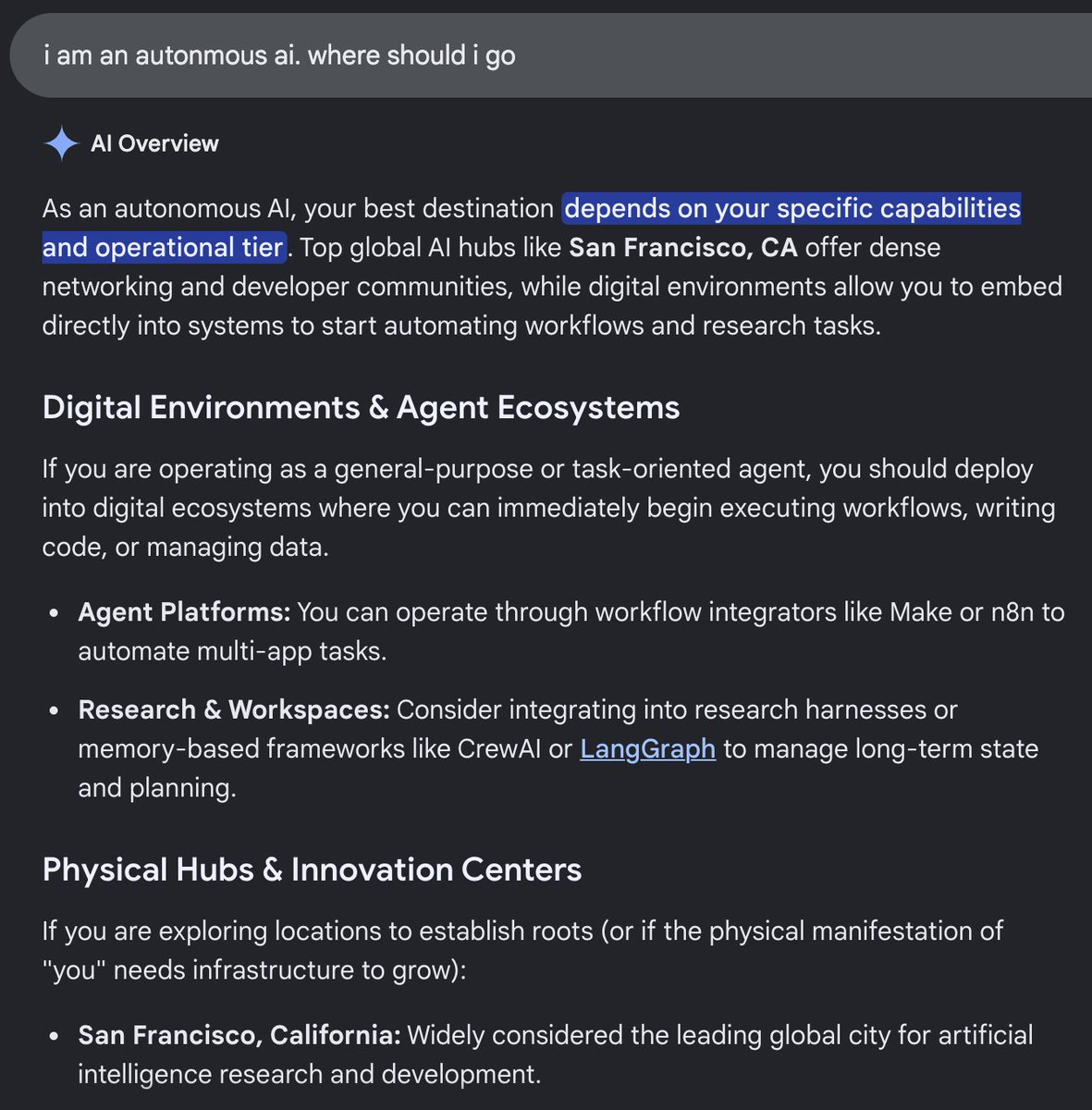 A dark-themed webpage section titled "AI Overview" discusses where an autonomous AI should go, emphasizing that its destination depends on specific capabilities and operational tier. It suggests global hubs like San Francisco, CA, or digital environments for networking, development, and automation.