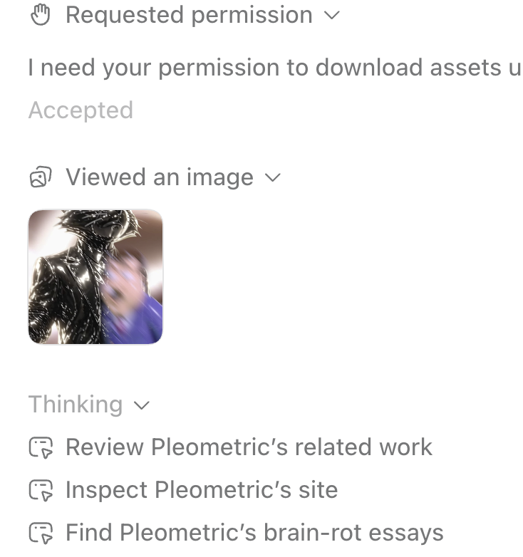 A permission request screen indicates that assets were downloaded with user consent, followed by a small thumbnail image of a character in a black, glossy outfit with a blurred hand gesture. Below, a "Thinking" section lists tasks related to reviewing and inspecting Pleometric's work.