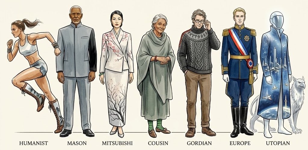 A lineup of seven illustrated characters, each with a distinct outfit and labeled below with a name: Humanist, Mason, Mitsubishi, Cousin, Gordian, Europe, and Utopian. The figures range from a running woman to a figure in a starry robe with a wolf beside them.