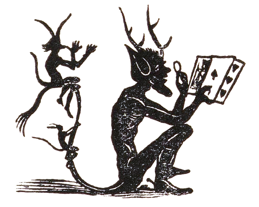 A black-and-white illustration depicts a horned, devil-like figure crouching and holding a playing card, while a monkey-like creature with antlers sits atop a tree trunk, and a smaller creature perches on the tree's branch.