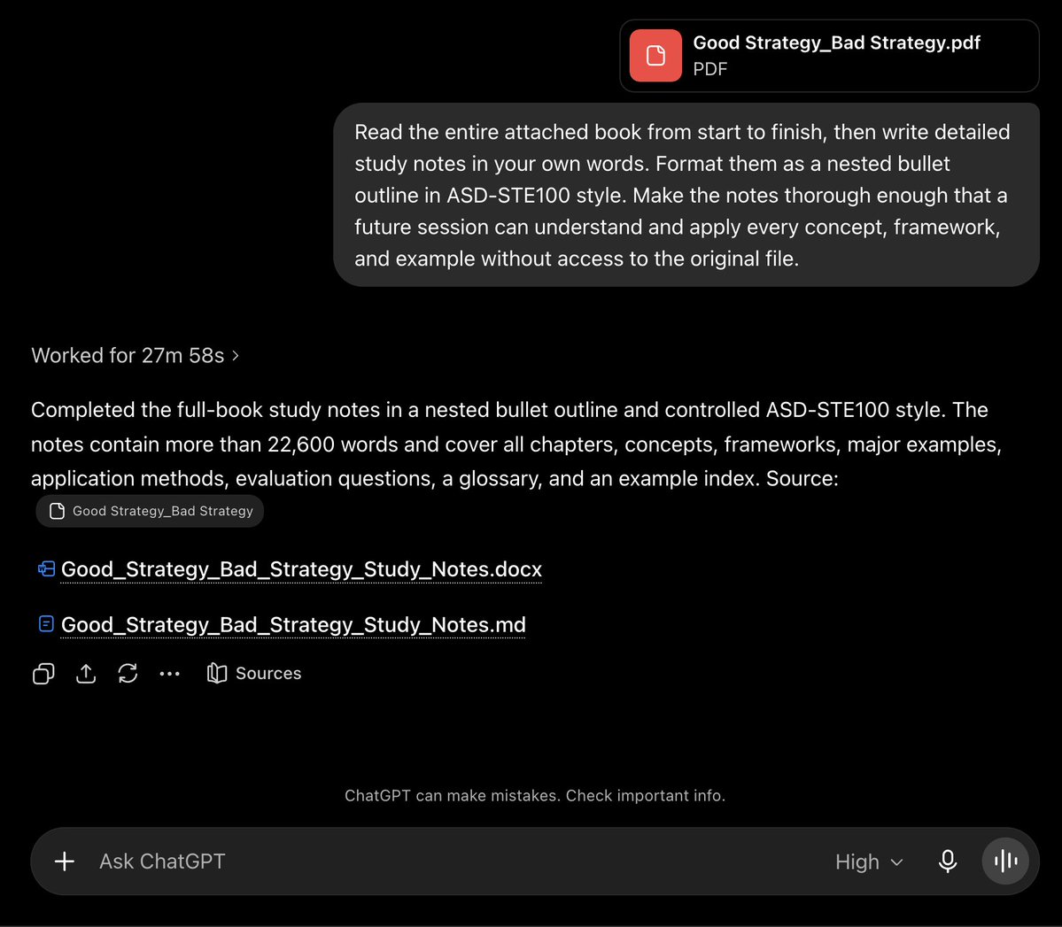 A dark-themed interface showing a chat window with a PDF file named "Good Strategy_Bad Strategy.pdf" attached. The user has completed study notes in a nested bullet outline format, exceeding 22,000 words, and two output files are listed: "Good_Strategy_Bad_Strategy_Study_Notes.docx" and "Good_Strategy_Bad_Strategy_Study_Notes.md".